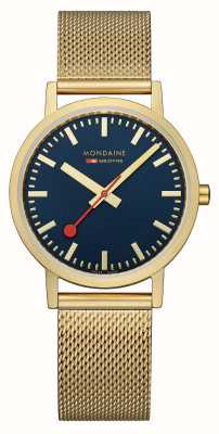 Mondaine Klassiek | 36 mm | blauwe wijzerplaat | ip gouden mesh armband A660.30314.40SBM