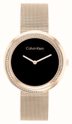 Calvin Klein Dames | zwarte wijzerplaat | roségouden roestvrijstalen mesh-armband 25200151