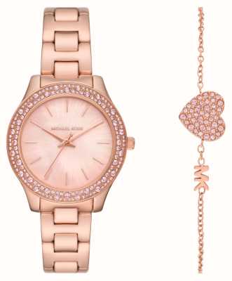 Michael Kors Liliane | roségoudkleurige horloge en kristallen hart armband set MK1068SET