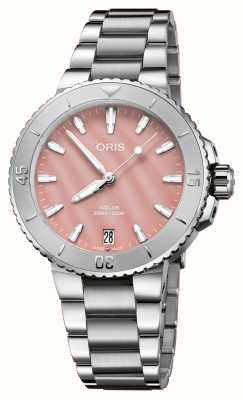 ORIS Aquis datum automatisch (36,5 mm) roze parelmoeren wijzerplaat / roestvrijstalen armband 01 733 7770 4158-07 8 18 05P