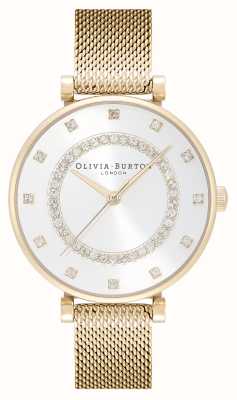 Olivia Burton Belgrave | zilveren wijzerplaat | kristallen set | gouden stalen mesh armband 24000005