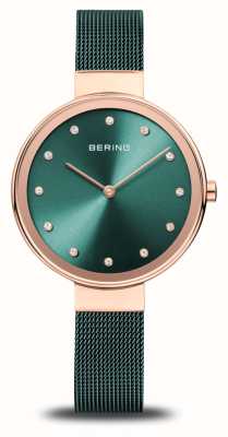 Bering Klassiek | groene wijzerplaat | groene pvd stalen mesh armband 12034-868