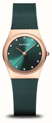 Bering Klassiek | groene wijzerplaat | groene pvd stalen mesh armband 12927-868