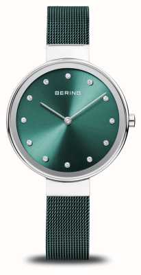 Bering Klassiek | groene wijzerplaat | groene stalen mesh armband 12034-808