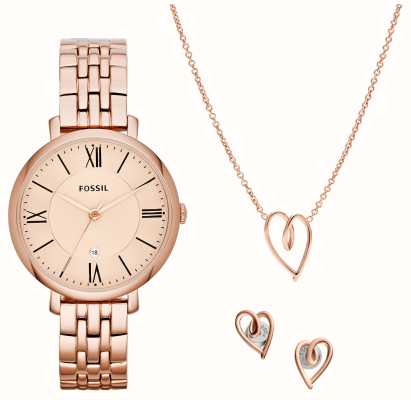 Fossil Jacqueline cadeauset | roségoudkleurig horloge | hart hanger ketting | hart stud oorbellen ES5252SET