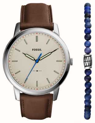 Fossil De minimalistische cadeauset | beige wijzerplaat | bruine leren band | blauwe kralen armband FS5966SET
