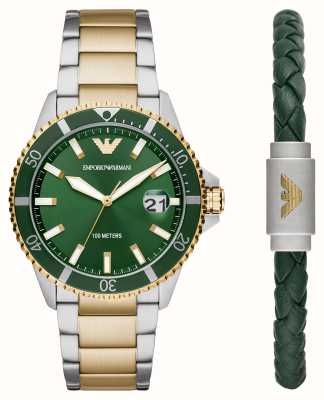 Emporio Armani Cadeauset voor heren | groene wijzerplaat | tweekleurige armband | groene leren armband AR80063SET