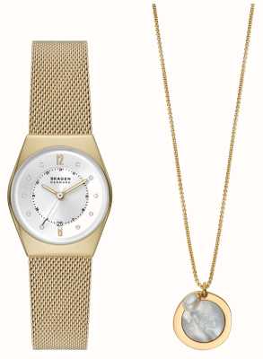 Skagen Grenen lille geschenkset | goud stalen mesh horloge | parelmoer collier SKW1152SET