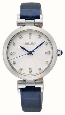 Seiko Dames | witte kristallen wijzerplaat | blauwe lederen band SRZ545P1