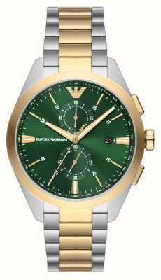 Emporio Armani Heren | groene chronograaf wijzerplaat | tweekleurige roestvrijstalen armband AR11511