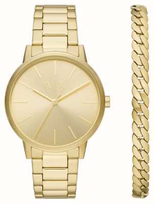 Armani Exchange Heren geschenkset | gouden wijzerplaat | gouden roestvrijstalen armband | gouden ketting armband AX7144SET