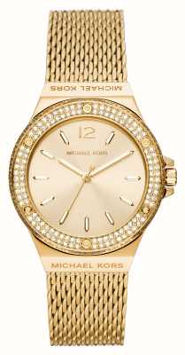 Michael Kors Lennox | gouden wijzerplaat | kristallen set | gouden stalen mesh armband MK7335