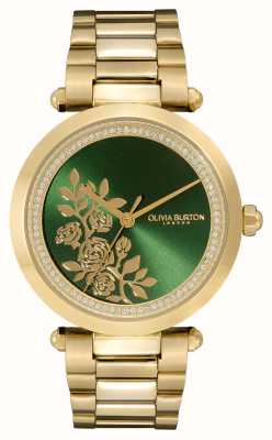 Olivia Burton Handtekening | groene bloemen wijzerplaat | gouden roestvrijstalen armband 24000043
