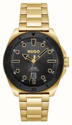 HUGO Heren #bezoek | zwarte wijzerplaat | gouden roestvrijstalen armband 1530304