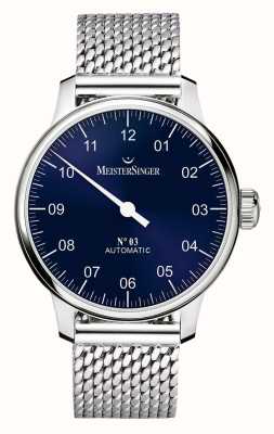 MeisterSinger Nr.3 automatische (43 mm) sunburst blauwe wijzerplaat / roestvrijstalen milanese armband AM908-MIL20
