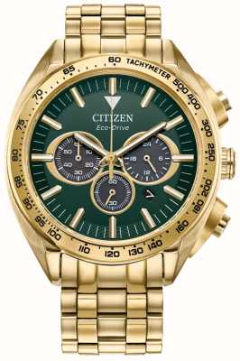 Citizen Heren chronograaf | eco rijden | groene wijzerplaat | goudkleurige roestvrijstalen armband CA4542-59X