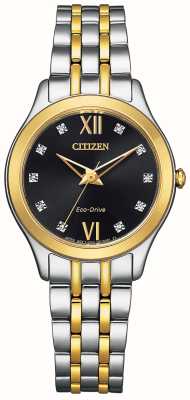 Citizen Dames silhouet diamant | eco rijden | zwarte diamanten wijzerplaat | tweekleurige roestvrijstalen armband EM1014-50E
