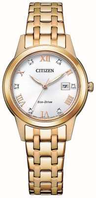 Citizen Dames silhouet kristal | eco rijden | witte wijzerplaat | goudkleurige roestvrijstalen armband FE1243-83A