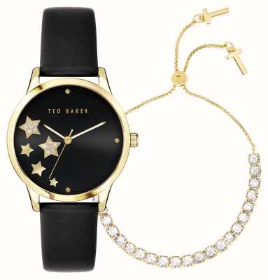 Ted Baker Starlit cadeauset dameshorloge met zwarte wijzerplaat en zwarte leren band, bijpassende goudkleurige armband BKGFW2217