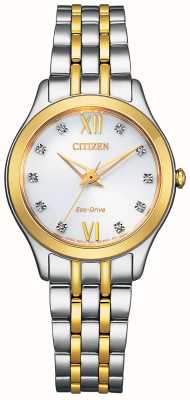 Citizen Dames silhouet diamant eco-drive witte wijzerplaat tweekleurige roestvrijstalen armband EM1014-50A