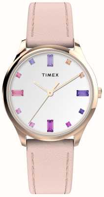 Timex Dames hoofdstraat witte kristallen wijzerplaat roze leren band TW2V76400