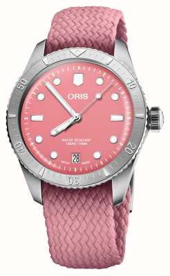 ORIS Divers vijfenzestig suikerspin automatische (38 mm) roze wijzerplaat / band van gerecycled textiel 01 733 7771 4058-07 3 19 04S