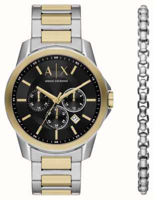 Armani Exchange Cadeauset voor heren (44 mm) zwarte wijzerplaat / tweekleurige armband met bijpassende armband AX7148SET
