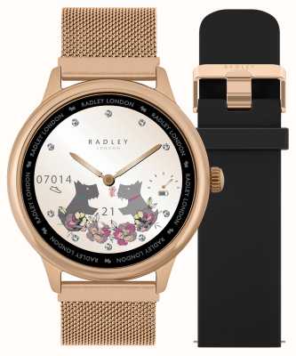 Radley Serie 19 (42 mm) smart calling horloge, set met verwisselbare roségouden mesh en zwarte siliconen band RYS19-4012-SET