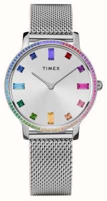 Timex Damesarmband (34 mm) met zilveren wijzerplaat, regenboogkristallen en roestvrij staal TW2W19100