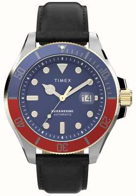 Timex Harbourside Coast automatisch (43 mm) blauwe wijzerplaat / zwart lederen band TW2V72200