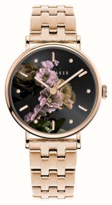 Ted Baker Phylipa-damesband (34 mm) met zwarte bloemenwijzerplaat en roségoudkleurige roestvrijstalen armband BKPPHF306