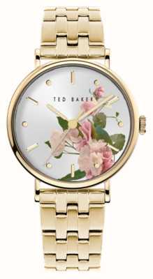 Ted Baker Dames phylipa (34 mm) zilveren wijzerplaat met bloemen en goudkleurige roestvrijstalen armband BKPPHF309