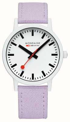 Mondaine Essence (41 mm) witte wijzerplaat / paarse katoenen textielband MS1.41110.LQ1