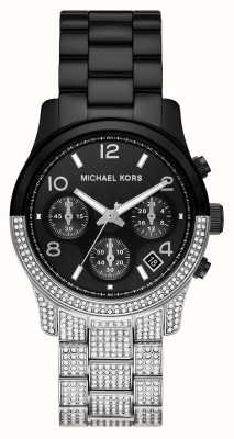 Michael Kors Dames runway (38 mm) zwarte wijzerplaat / roestvrijstalen armband met zwarte en kristallen set MK7433