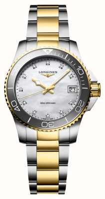 LONGINES Hydroconquest quartz (32 mm) parelmoer diamanten wijzerplaat / tweekleurige roestvrijstalen armband L33703876