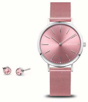 Bering Liefdadigheidscadeauset voor dames (34 mm) roze wijzerplaat / roze stalen mesh-armband 14134-999-GWP