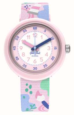 Flik Flak Kunstliefhebber voor kinderen (31,85 mm) witte en roze wijzerplaat / stoffen band met roze kunstpatroon FPNP142