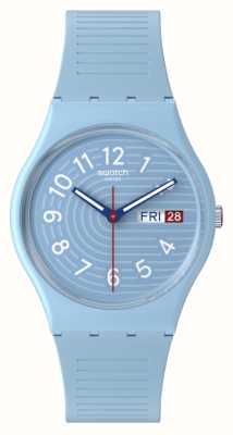 Swatch Trendy lijnen in de lucht (34 mm) blauwe wijzerplaat / blauwe siliconen band SO28S704