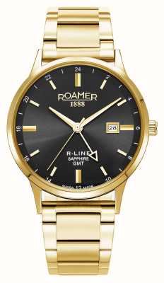 Roamer R-line gmt (43 mm) zwarte wijzerplaat / verwisselbare gouden roestvrijstalen armband en zwart lederen band 990987 48 85 05