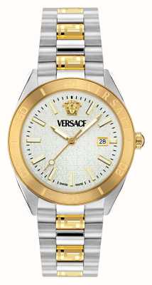 Versace V-dome (42 mm) zilveren wijzerplaat / tweekleurige roestvrijstalen armband VE8E00424