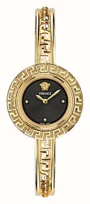 Versace Iconische la greca (28 mm) zwarte wijzerplaat / goudkleurige roestvrijstalen armband VE8C00524