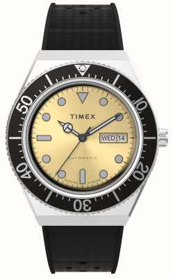 Timex M79 automatische dag-datum (40 mm) gouden wijzerplaat / zwarte rubberen band TW2W47600
