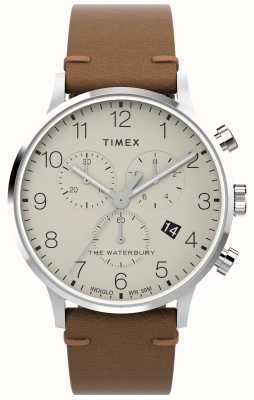 Timex Waterbury klassieke chronograaf (40 mm) crèmekleurige wijzerplaat/bruine leren band TW2W50900