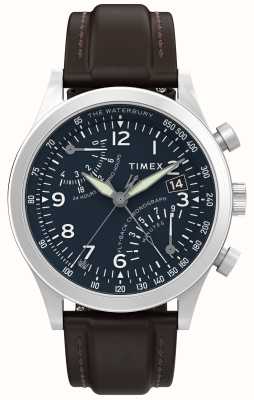 Timex Waterbury traditionele fly-back chronograaf (42 mm) blauwe wijzerplaat / bruin lederen band TW2W47900