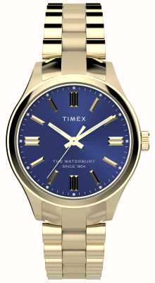 Timex Waterbury traditionele (34 mm) blauwe wijzerplaat / gouden pvd roestvrijstalen armband TW2W40300