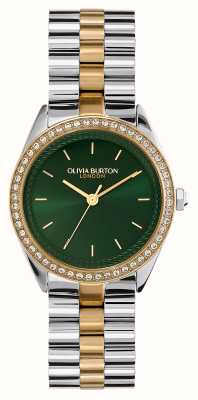 Olivia Burton Sportieve luxe met juwelen getooide (34 mm) groene wijzerplaat / tweekleurige roestvrijstalen armband 24000137