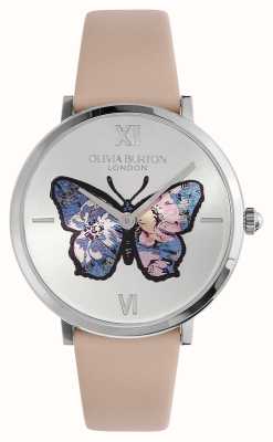 Olivia Burton Kenmerkende vlinder (35 mm) zilveren vlinderwijzerplaat / roze leren band 24000145