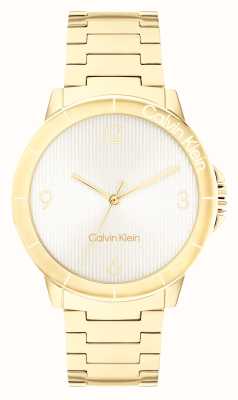Calvin Klein Levendige damesarmband (36 mm) met witte wijzerplaat en goudkleurige roestvrijstalen armband 25100023