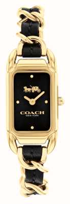 Coach Dames cadie zwarte rechthoekige wijzerplaat / zwart lederen gouden roestvrijstalen armband 14504281