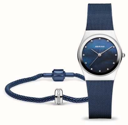 Bering Klassieke cadeauset voor dames (27 mm) armband van blauw parelmoer/blauw staal mesh 12927-307-GWP